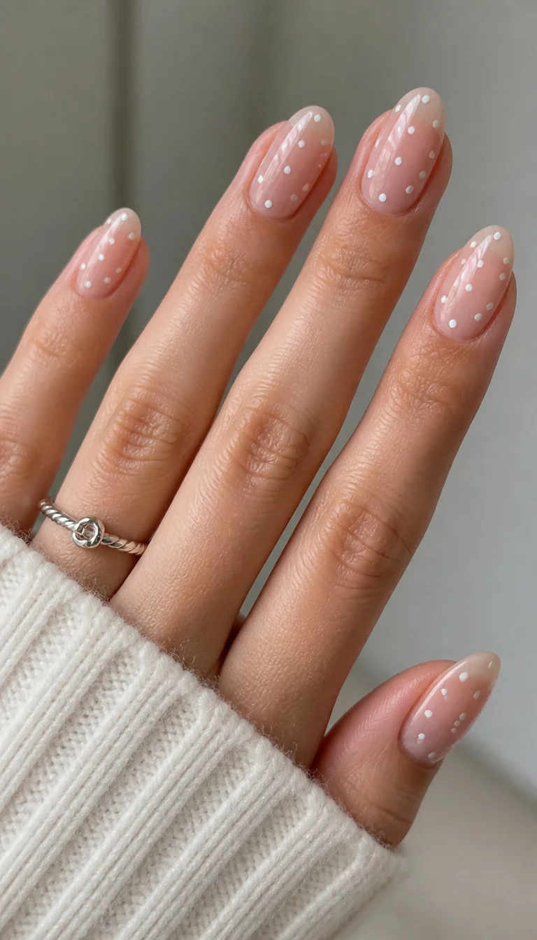 Dotted Nude Oval Simplicity close-up shot of a woman’s hand with five fingers showing nails with long and oval nails with a nude polish dotted with small white circles, a silver ring on the finger.