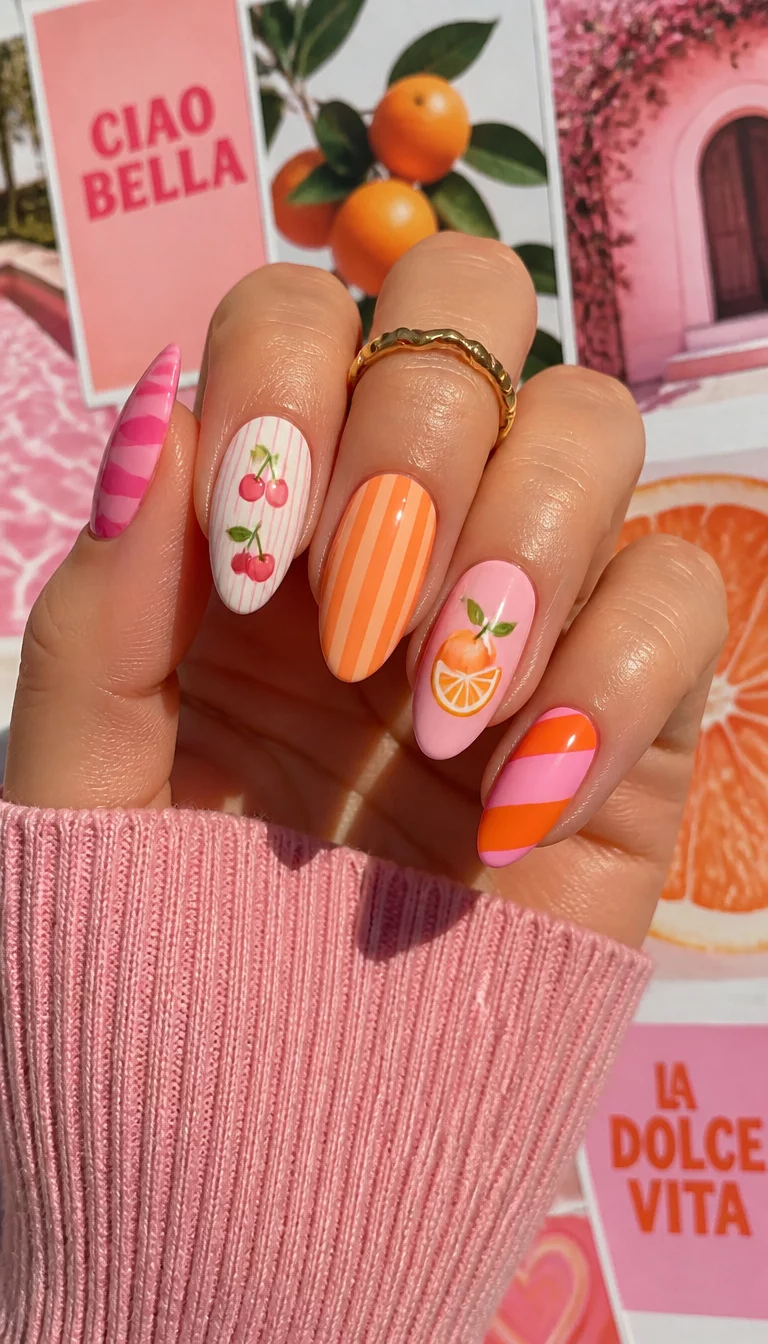 Striped Almond Variety close-up shot of a woman’s hand with five fingers showing nails with almond nails featuring fruit designs, subtle vertical stripes, and bold diagonal stripes in pink, white, and orange, collage background.