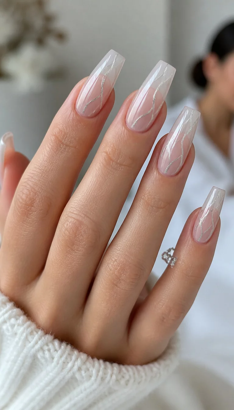 Wavy Silvery Coffin Dreams close-up shot of a woman’s hand with five fingers showing nails with coffin-shaped nails with a translucent base and delicate, silvery-white wavy lines, blurry and light background with a hint of a person.