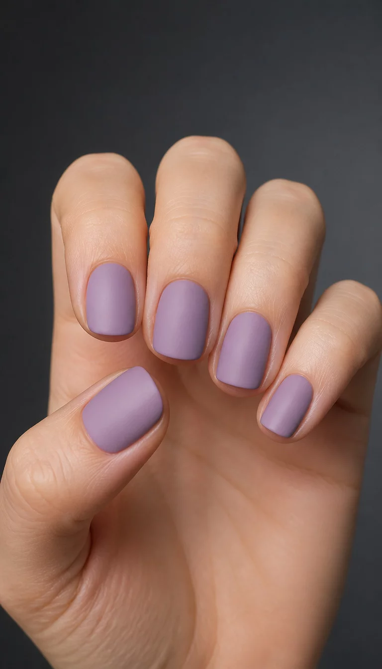 Dusty Lavender Matte Sophistication close-up shot of a woman’s hand with five fingers showing nails with short and squoval shaped nails painted with a matte, dusty lavender polish, plain dark grey gradient background.