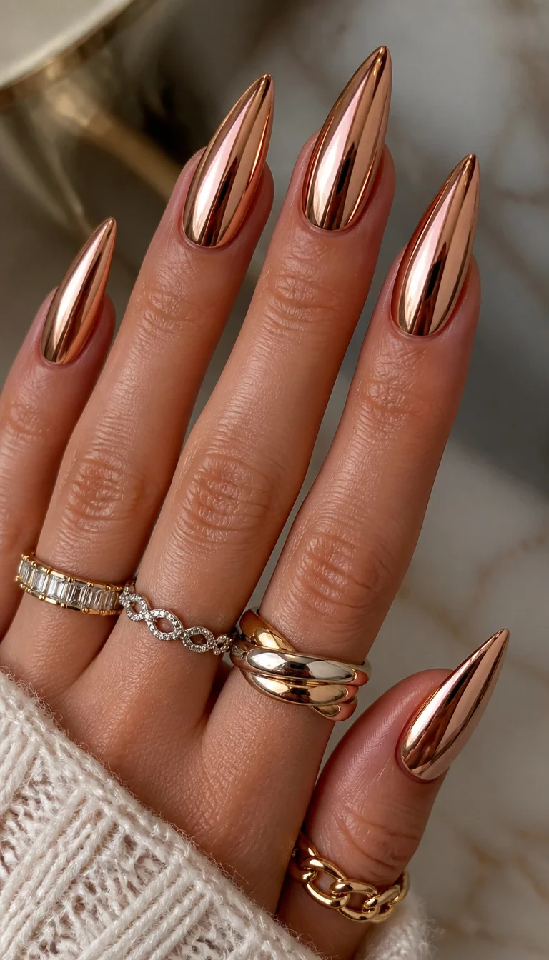 Rose Gold Chrome Stilettos close-up shot of a woman’s hand with five fingers showing nails with long and stiletto-shaped nails with a metallic chrome finish in a rose-gold hue, gold and silver rings on the fingers.