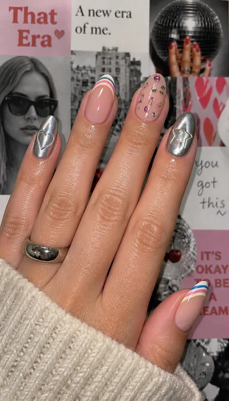 Eclectic Collage Of Textures close-up shot of a woman’s hand with five fingers showing nails with a mix of French tips with colorful stripes, metallic silver cat-eye shapes, and sheer nails with colorful rhinestones, collage background.
