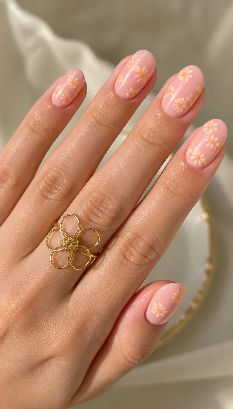 Floral Soft Pink Charm close-up shot of a woman’s hand with five fingers showing nails with oval nails painted in a soft pink with tiny yellow flowers, unique gold wire flower ring background.