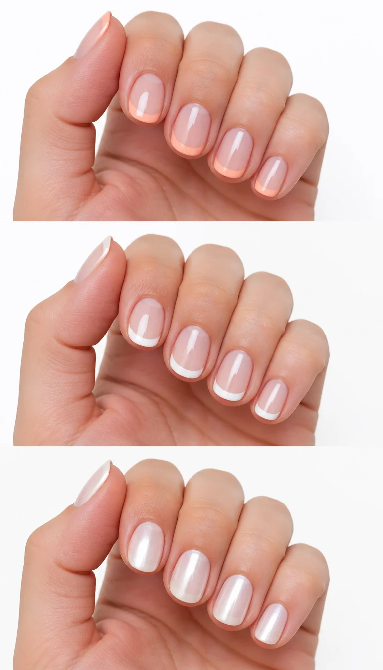 French Tip Trio close-up shot of a woman’s hand with five fingers showing nails with a French manicure with a peachy tip, short oval nails with a soft white French tip, and short oval nails in soft pearlescent white, white background.