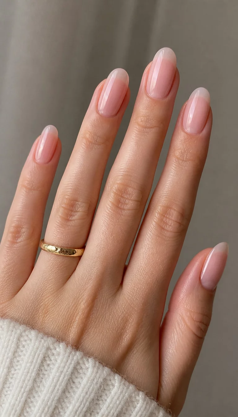 Delicate Sheer Pink Texture close-up shot of a woman’s hand with five fingers showing nails with long and oval nails painted in a delicate, sheer pink, a simple textured gold ring on the finger.