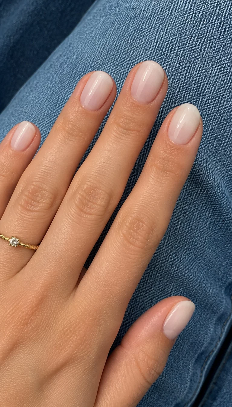 Milky White Denim Vibes close-up shot of a woman’s hand with five fingers showing nails with short and oval nails with a subtle milky white sheer gradient, the hand rests on blue denim fabric background.