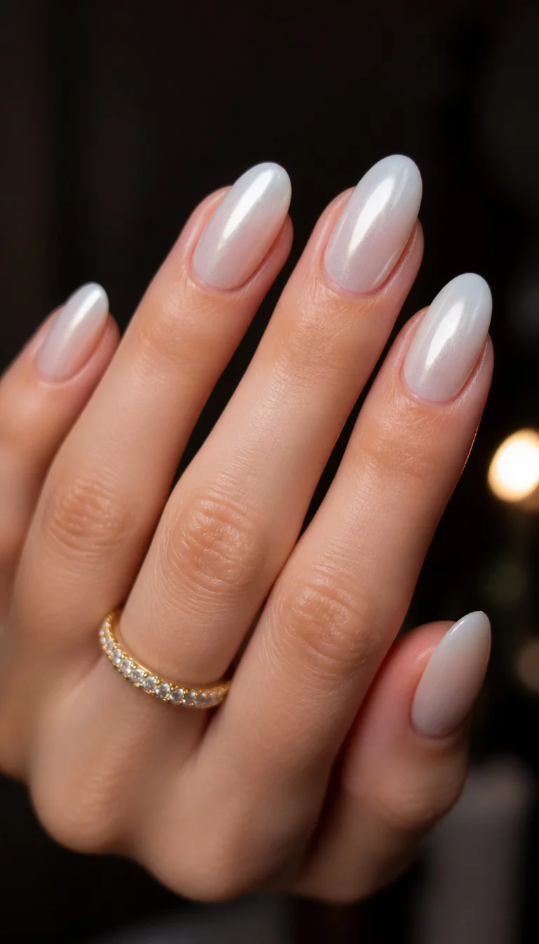 Pearlescent Almond Elegance close-up shot of a woman’s hand with five fingers showing nails with almond-shaped nails and a pearlescent, sheer white polish, a dark and blurred indoor studio background with a sparkling gold band on one finger.