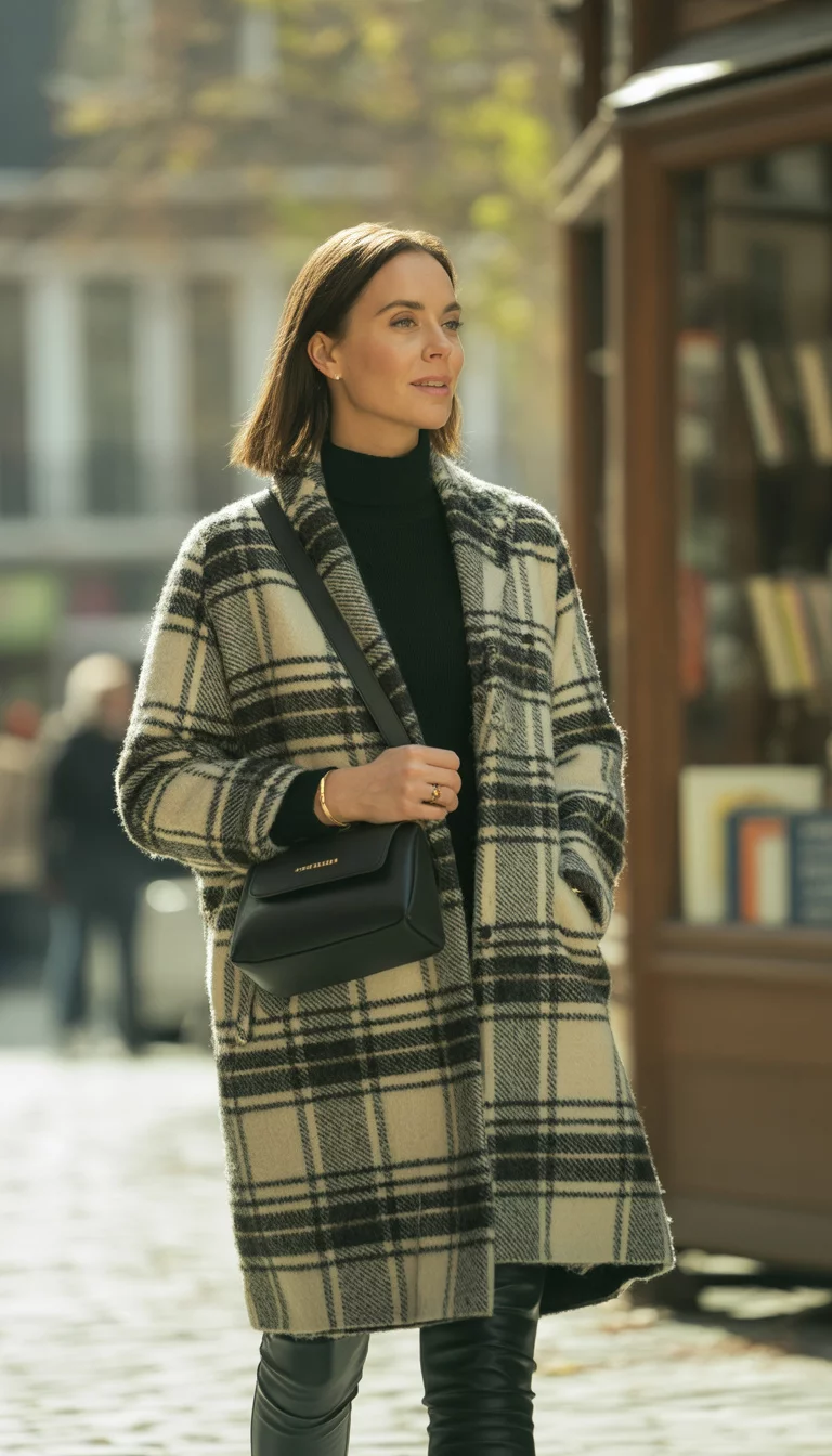 A beautiful 33-year-old woman in a black and white plaid coat, black sweater, and black leggings, she carries a small black leather bag while walking on a cobblestone street.