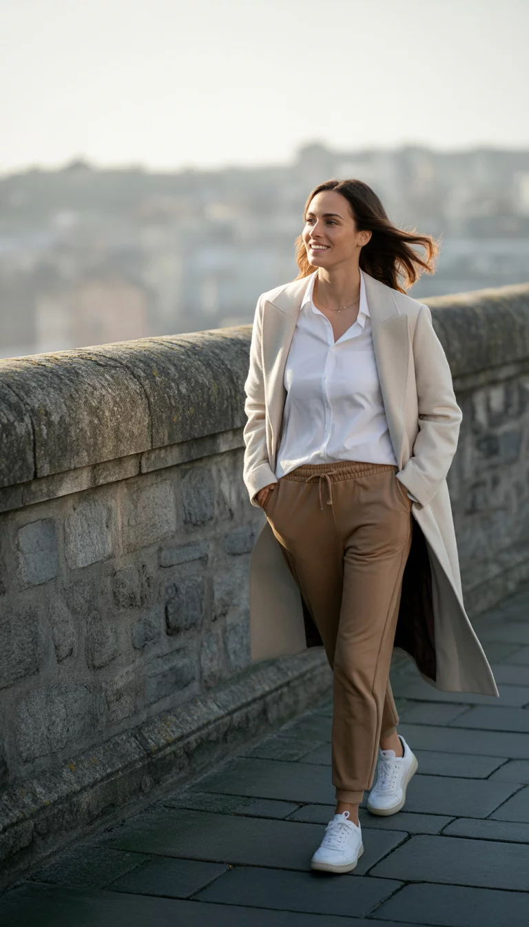 A beautiful 30-year-old woman in a cream coat, white shirt, and camel joggers, she wears white sneakers and walks along a grey stone wall.