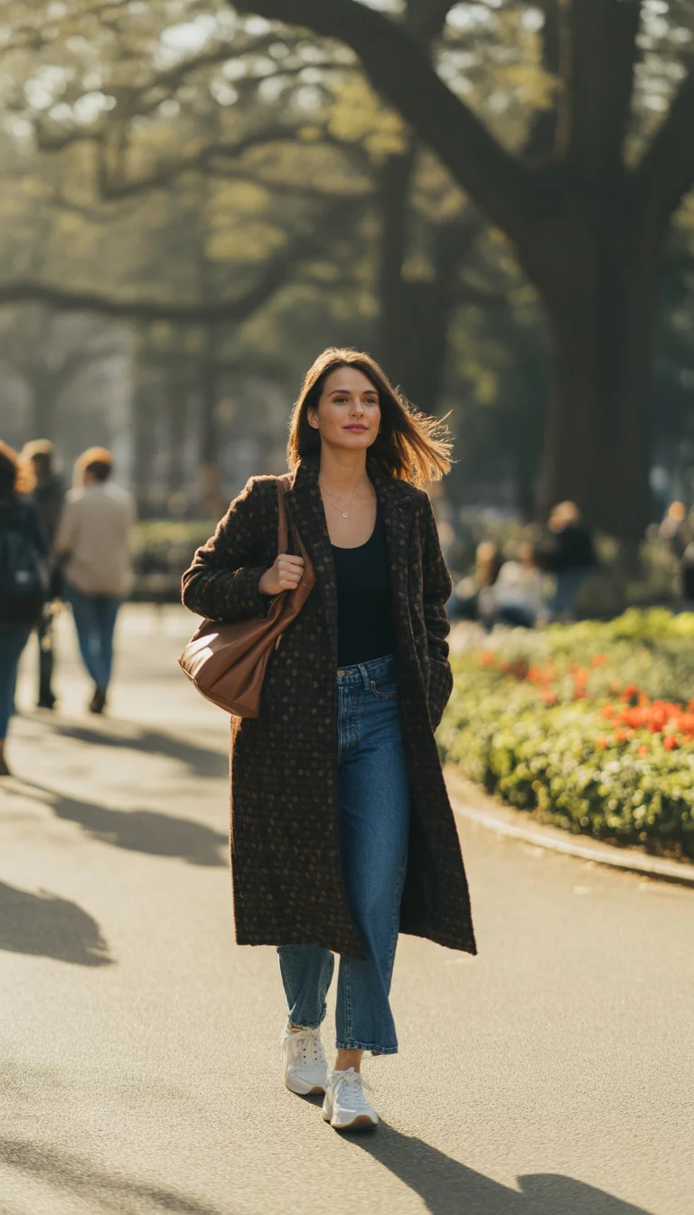 A beautiful 28-year-old woman in a brown patterned wool coat, black top, and blue jeans, she carries a brown leather handbag and wears white sneakers while walking in a park.