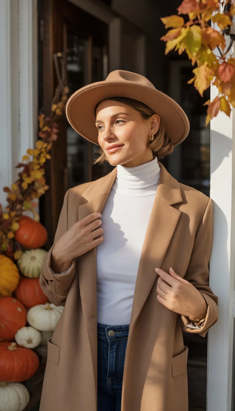 A beautiful 37-year-old woman in a tan coat, white turtleneck, and a tan wide-brim hat, she poses in front of an entrance decorated with autumn leaves and pumpkins.