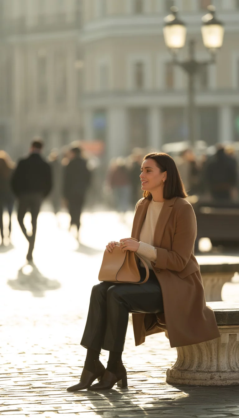 A beautiful 31-year-old woman in a tan coat, cream sweater, and black pants, she sits on a stone in a city plaza while holding a tan leather handbag.