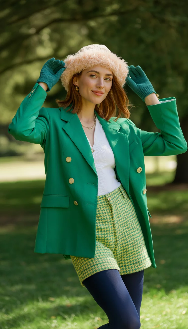 A beautiful 23-year-old woman in a green blazer, yellow checkered shorts, and navy tights, she wears a furry hat and teal gloves while posing in a park.