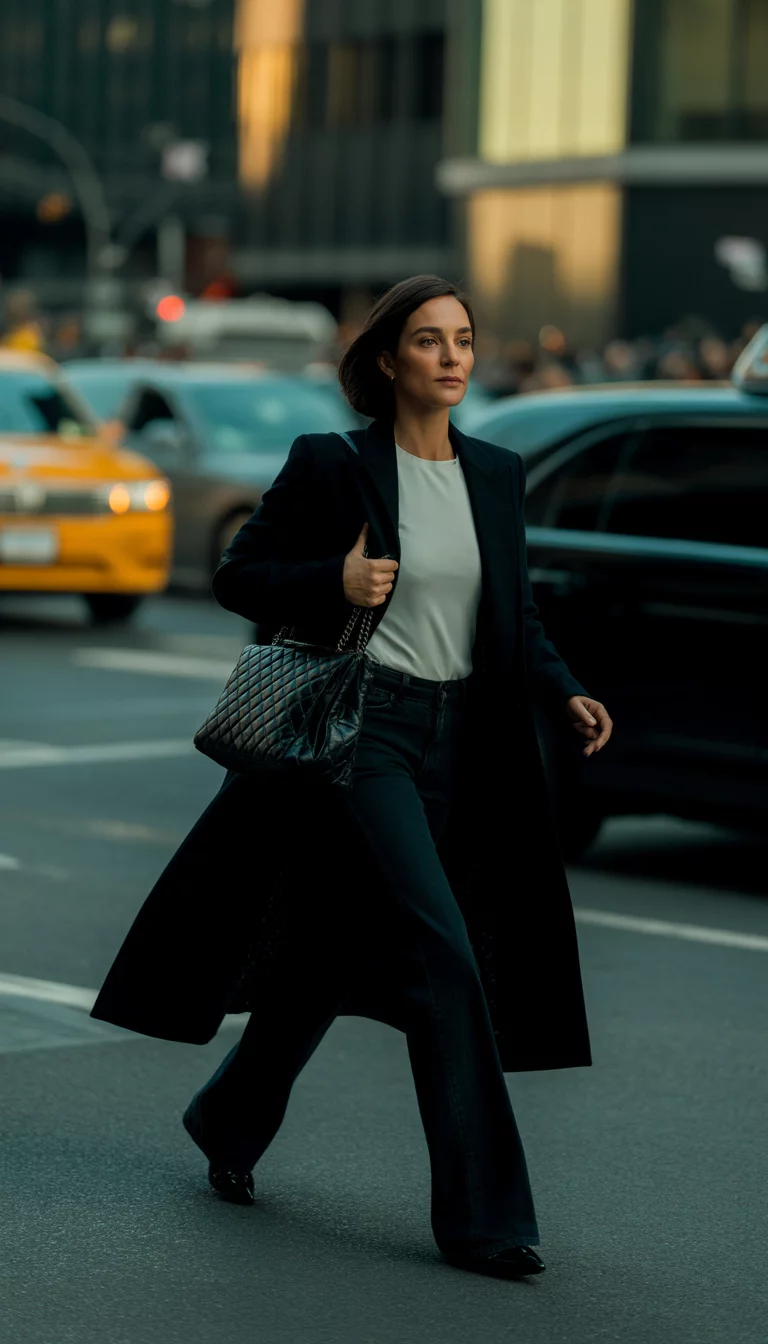 A beautiful 38-year-old woman in a long black coat, white top, and blue jeans, she crosses a city street while carrying a black quilted leather handbag.