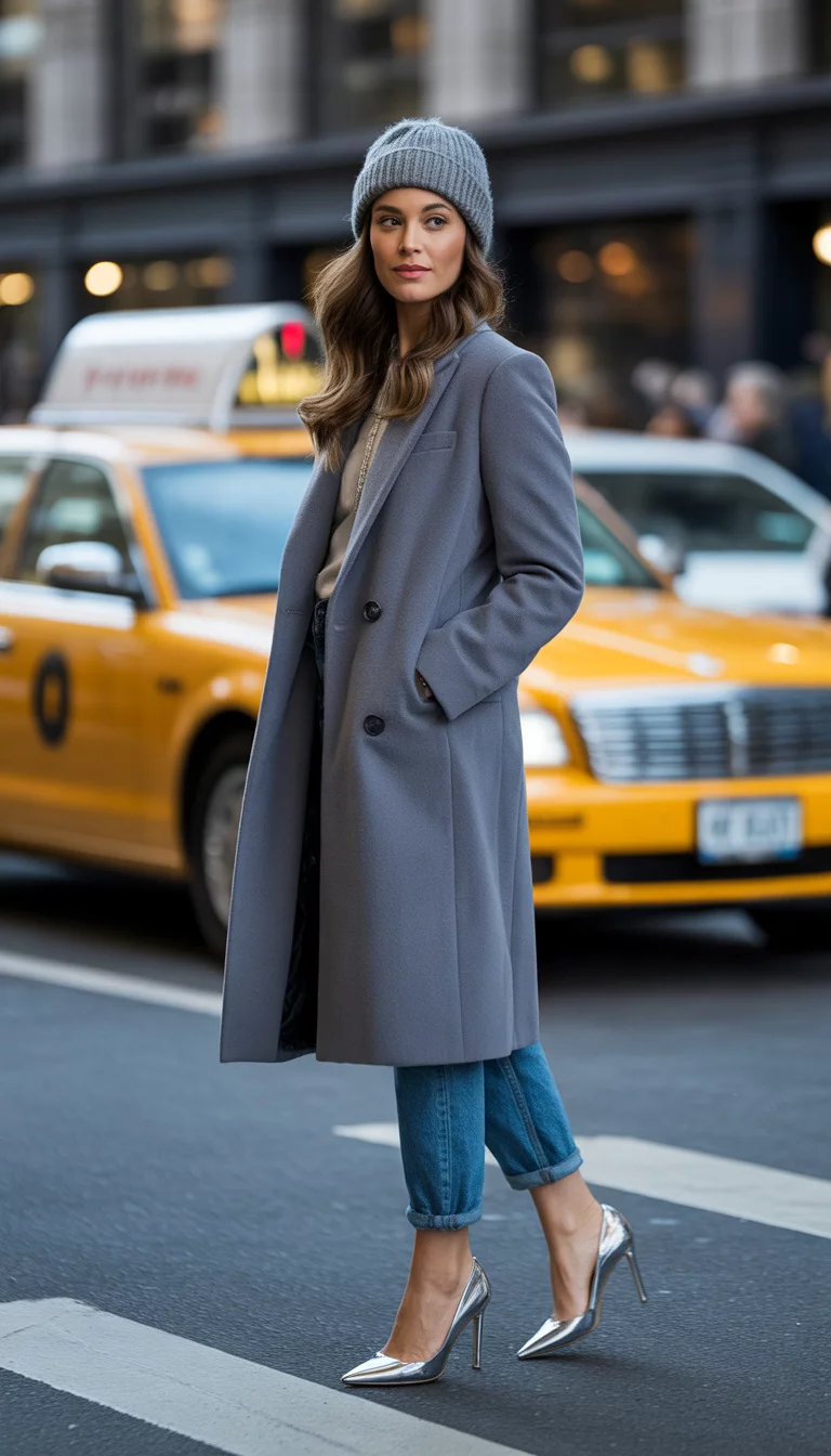 A beautiful 26-year-old woman in a grey wool coat, grey beanie, and blue ripped jeans, she wears silver high heels and stands on a city street next to a yellow taxi.