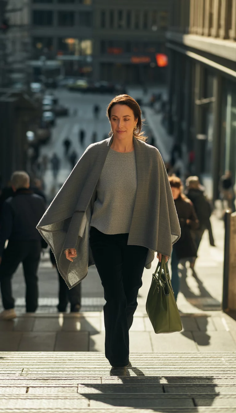 A beautiful 36-year-old woman in a grey poncho, grey sweater, and black pants, she walks down city stairs while carrying a green leather handbag.