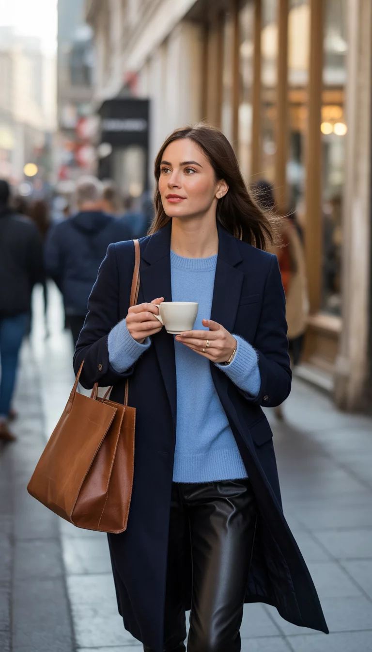 A beautiful 35-year-old woman in a navy coat, light blue sweater, and black pants, she drinks from a white cup and holds a brown shopping bag while walking on a sidewalk.