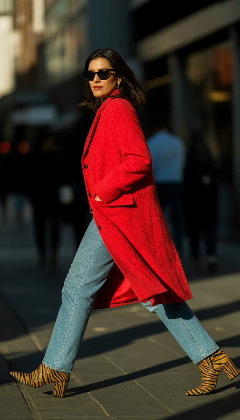 A beautiful 30-year-old woman in a red textured wool coat and blue jeans, she wears tiger-print boots and black sunglasses while walking on a sidewalk.