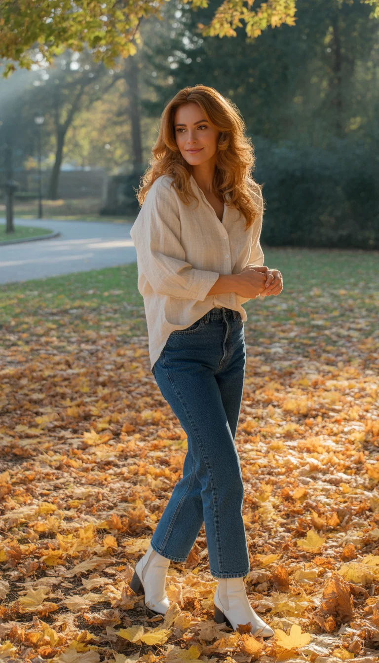 A beautiful 24-year-old woman in a cream top and blue jeans, she wears white ankle boots while standing in a park with fallen autumn leaves.