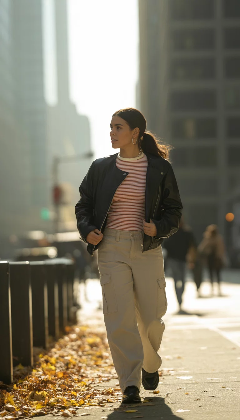 A beautiful 22-year-old woman in a black leather jacket, red and white striped top, and beige cargo pants, she walks on a leaf-strewn city sidewalk.