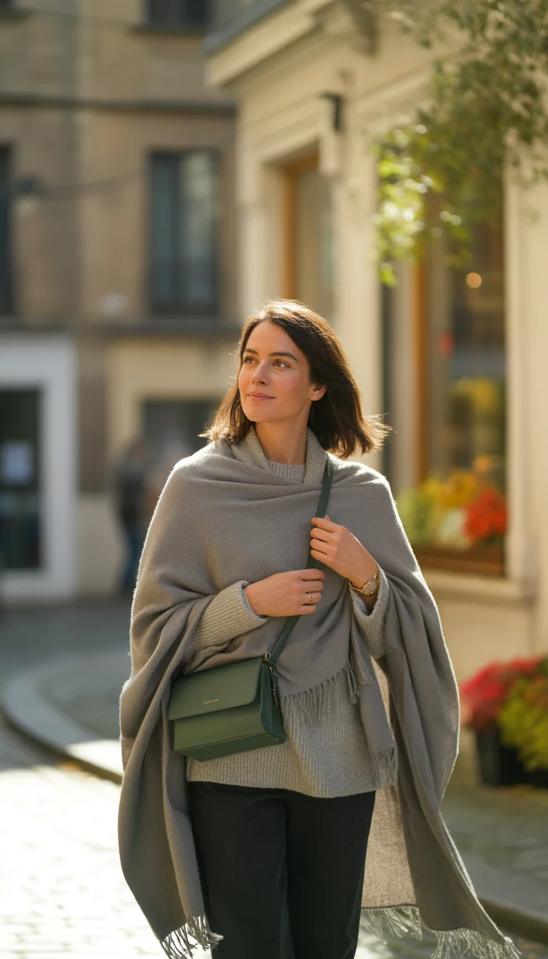 A beautiful 34-year-old woman in a grey poncho, grey sweater, and black pants, she carries a small green leather bag while walking on a cobblestone street.