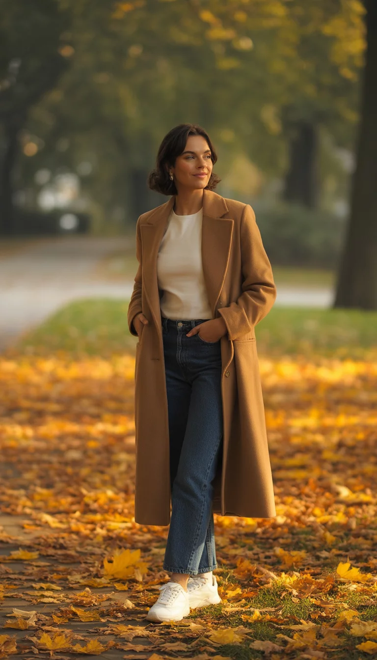 A beautiful 31-year-old woman in a camel coat, cream top, and blue jeans, she wears white sneakers while standing in a park with orange autumn leaves.