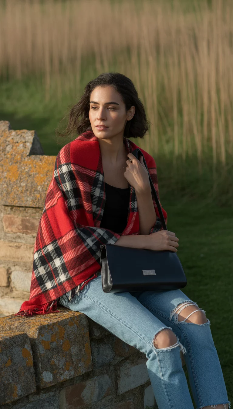A beautiful 27-year-old woman in a red and white plaid poncho, black top, and blue ripped jeans, she sits on a stone wall while holding a black leather bag.