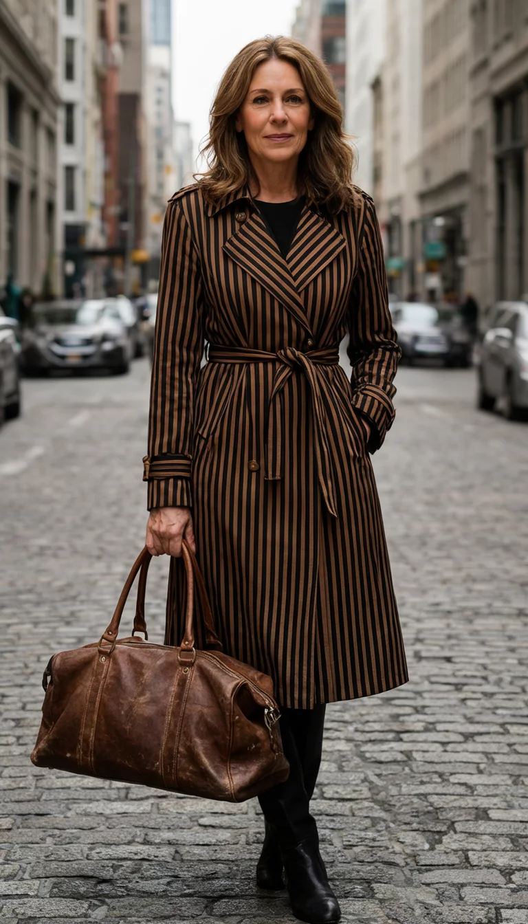 The Statement Striped Trench A beautiful 40-year-old woman in a brown and black striped belted trench coat holds a large leather duffel bag on a city street.