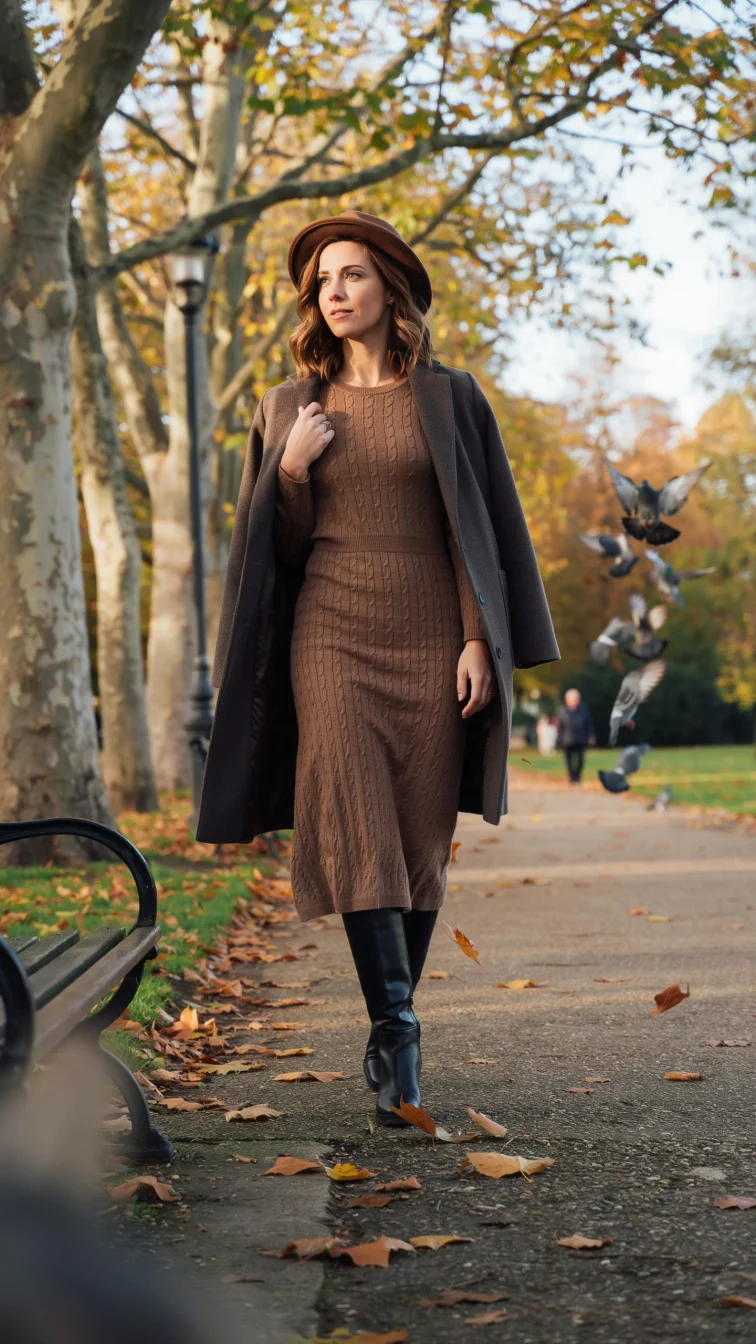 The Sophisticated Equestrian Vibe A beautiful 37-year-old woman wears a brown knit dress, a matching brown hat, a dark coat draped over her shoulders, and black knee-high boots in a park setting.