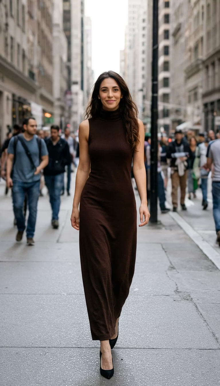 Sleek Sleeveless Turtlenecks A beautiful 36-year-old woman in a long, dark brown sleeveless turtleneck dress and black pointed shoes walks down a busy city sidewalk.