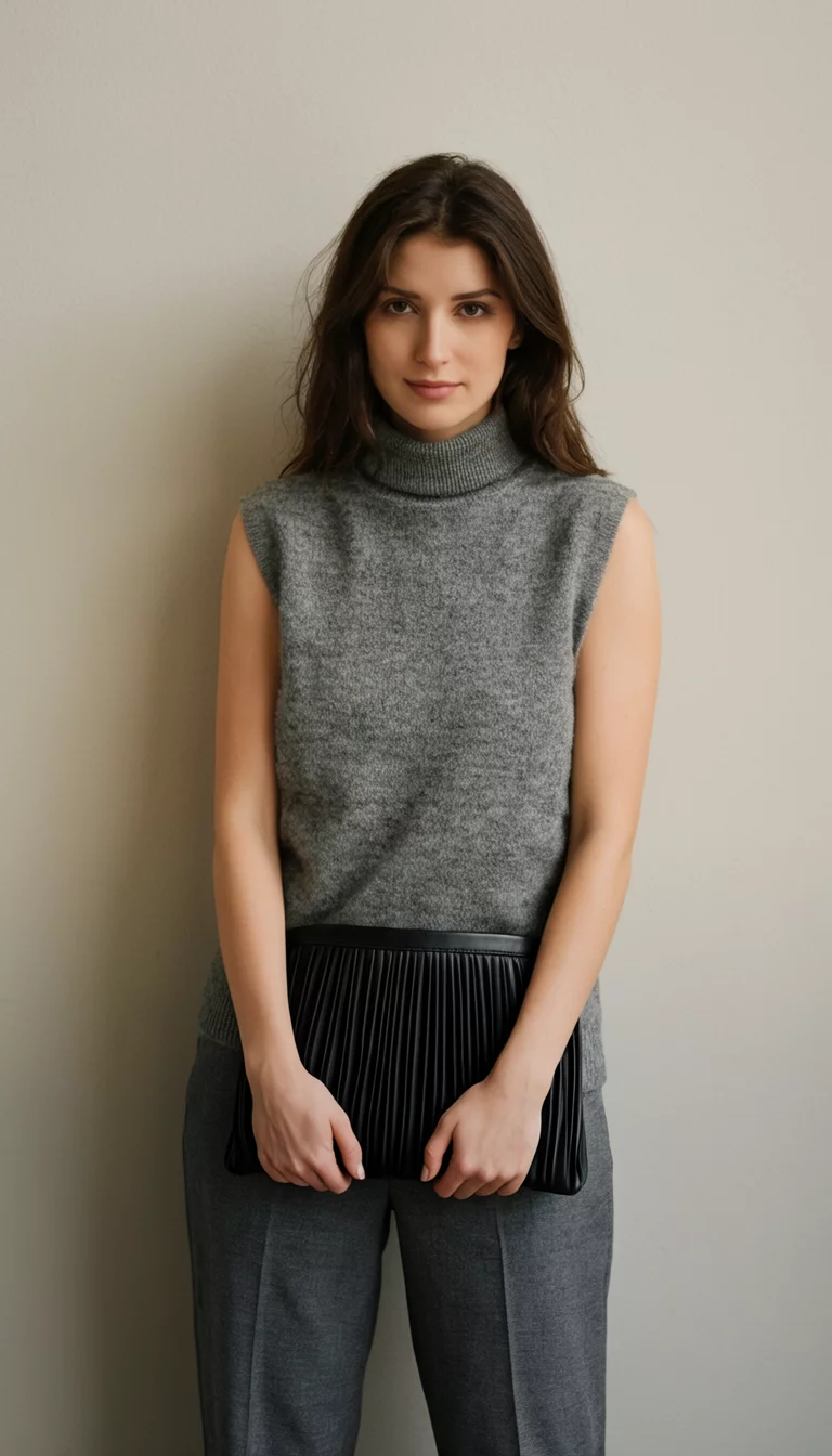 Textured Greys And Pleated Clutches A beautiful 27-year-old woman wearing a grey sleeveless turtleneck sweater and grey trousers holds a pleated black clutch bag against a neutral wall.