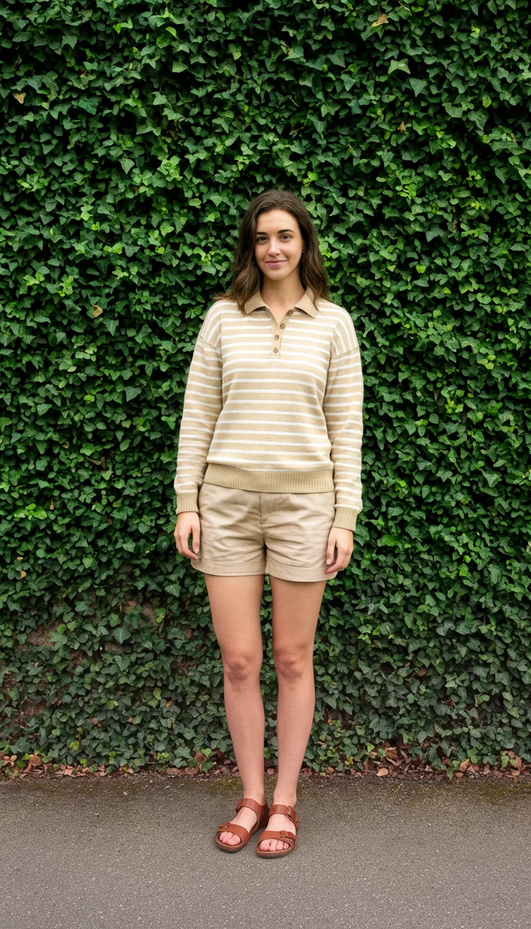 Preppy Polo And Ivy Walls A beautiful 25-year-old woman in a beige and cream striped polo sweater, beige shorts, and brown scandals stands in front of a green ivy-covered wall.