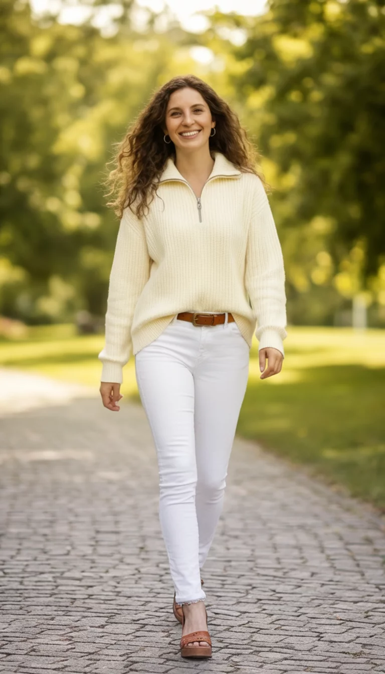 Quarter Zips And Crisp White Jeans A beautiful 28-year-old woman in a cream quarter-zip sweater, white jeans, and a brown belt walks on a paved path outdoors.