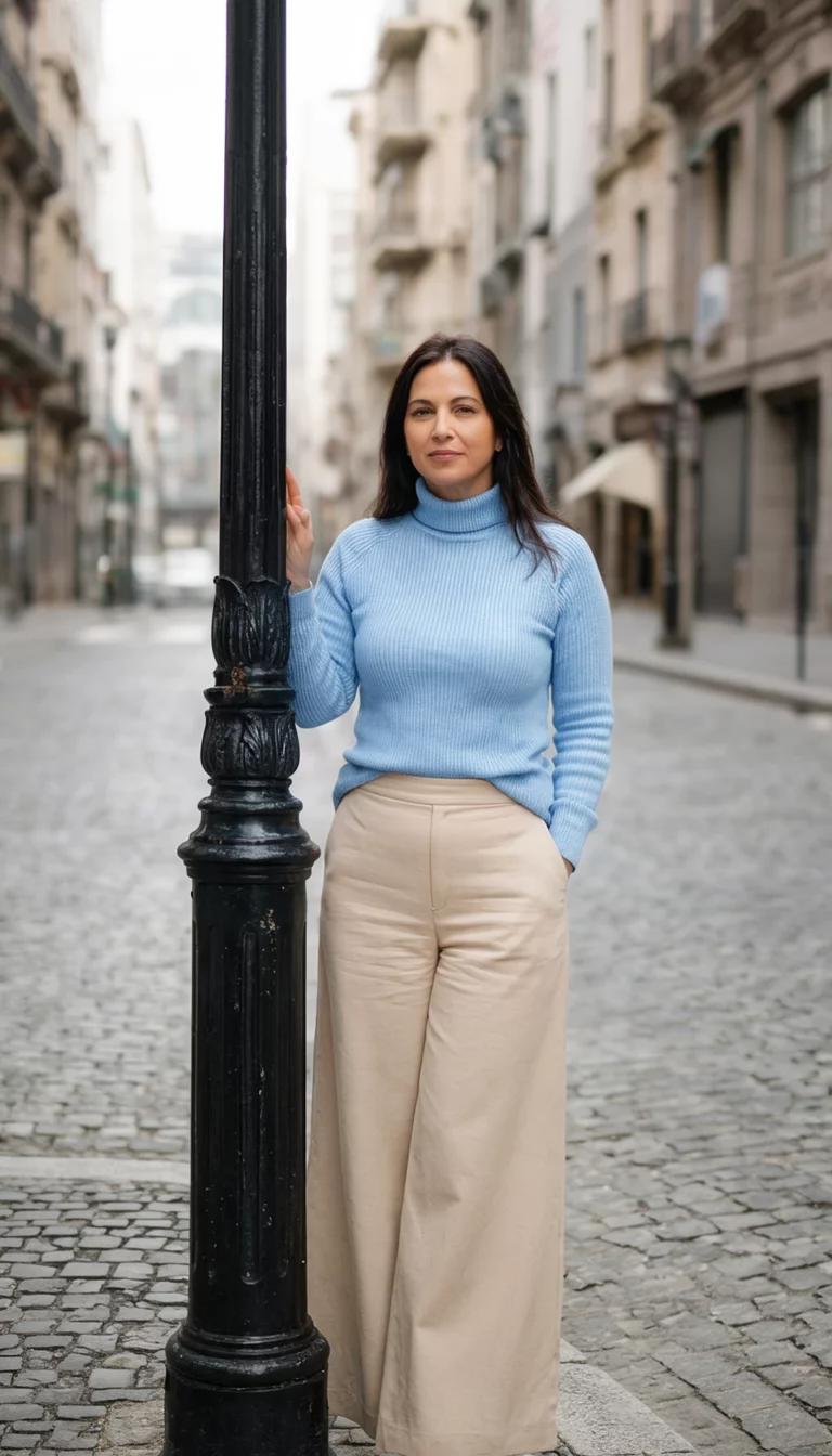 Soft Blues and Wide Leg Trousers A beautiful 39-year-old woman in a light blue ribbed turtleneck sweater and beige wide-leg pants stands by a black lamppost on a city street.