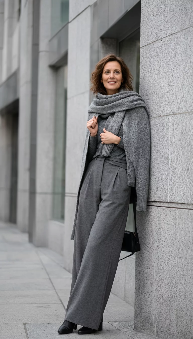 The Art Of The Draped Sweater A beautiful 38-year-old woman with a grey sweater draped over her shoulders, grey wide-leg pants, and a black handbag leans against a modern stone building.
