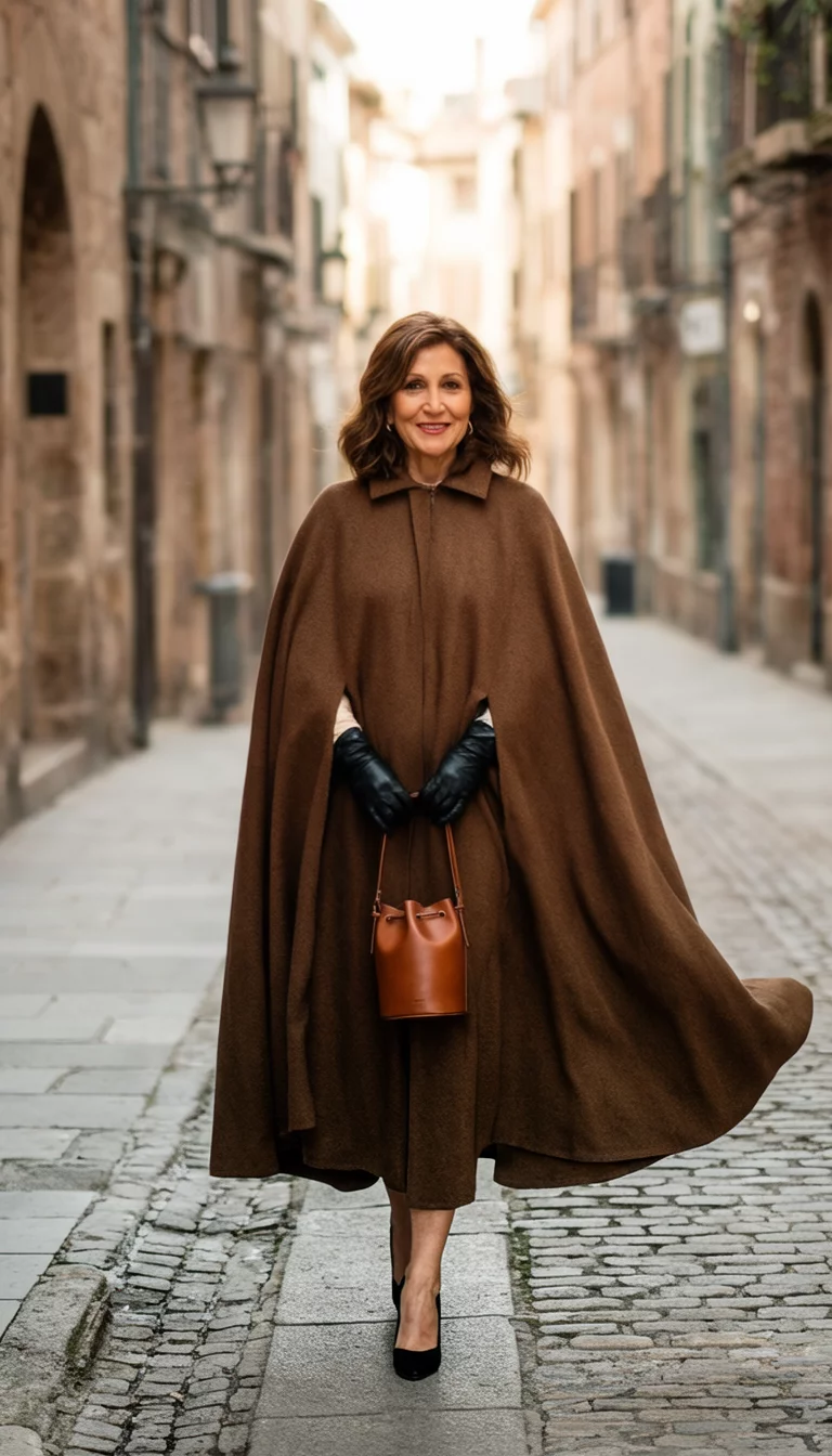 Cape Couture And Classic Gloves A beautiful 45-year-old woman in a flowing brown cape, black gloves, and black heels carries a small brown bucket bag on a historic sidewalk.