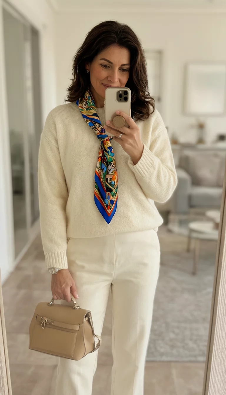 Silk Scarves And Mirror Selfies A beautiful 35-year-old woman takes a mirror selfie wearing a cream sweater, cream pants, a colorful silk scarf, and holding a beige handbag.