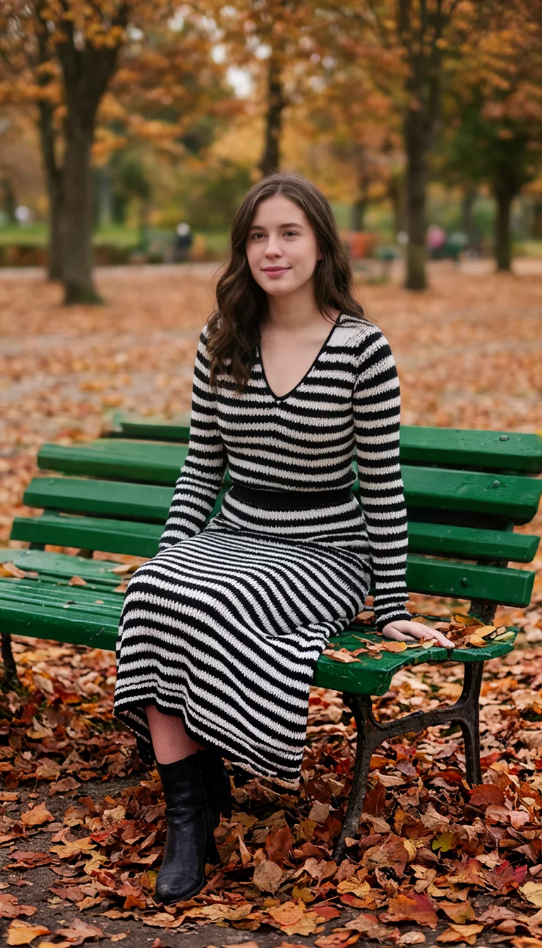 Striped Knit Sets In The Park A beautiful 22-year-old woman in a black and white striped knit skirt set is seated on a green park bench surrounded by fall leaves.