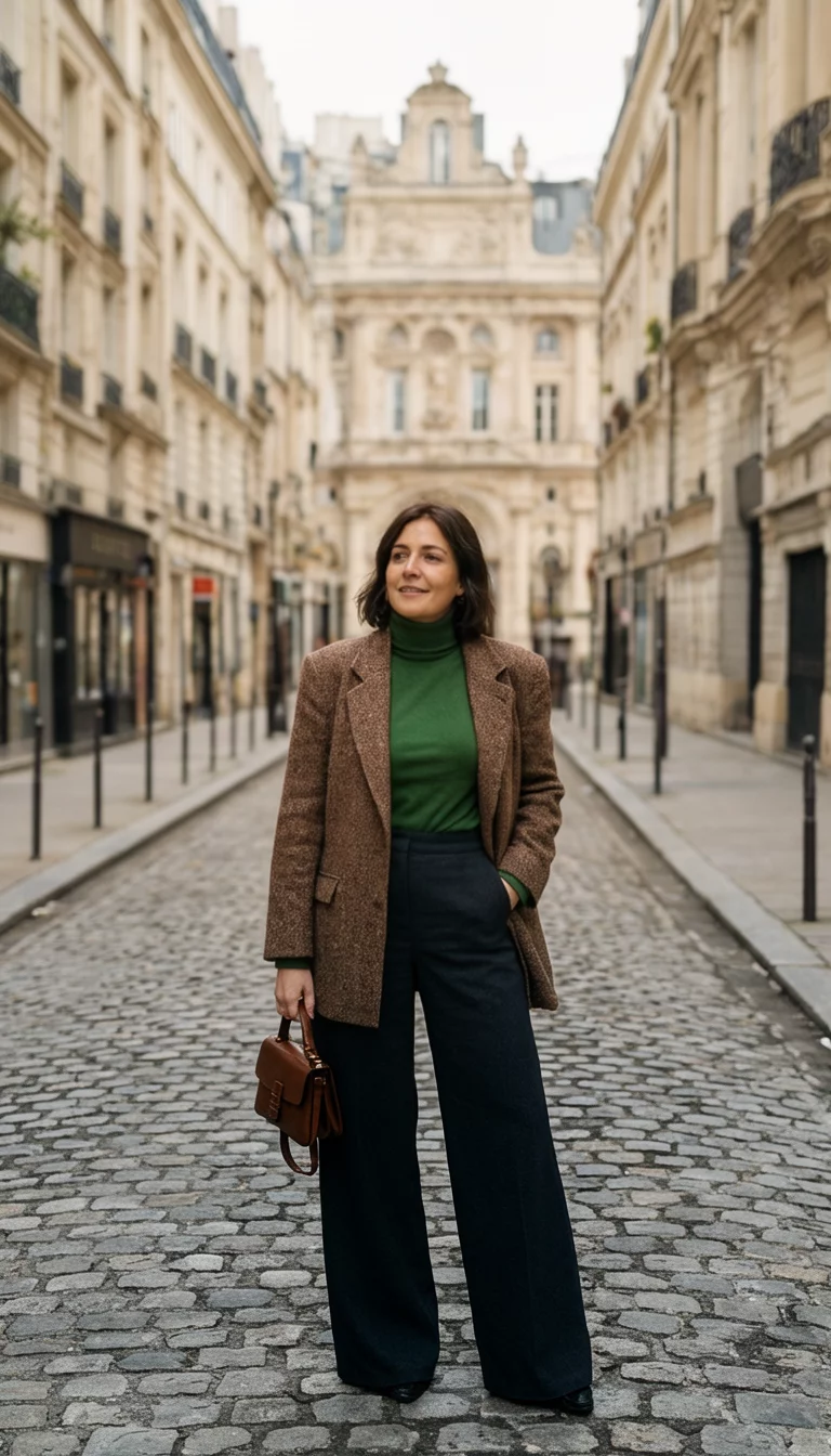 The Parisian Tweed Power Move A beautiful 34-year-old woman in a brown tweed blazer, green turtleneck, dark wide-leg pants, and a small brown handbag, posing on a cobblestone Parisian street with historical architecture in the background.