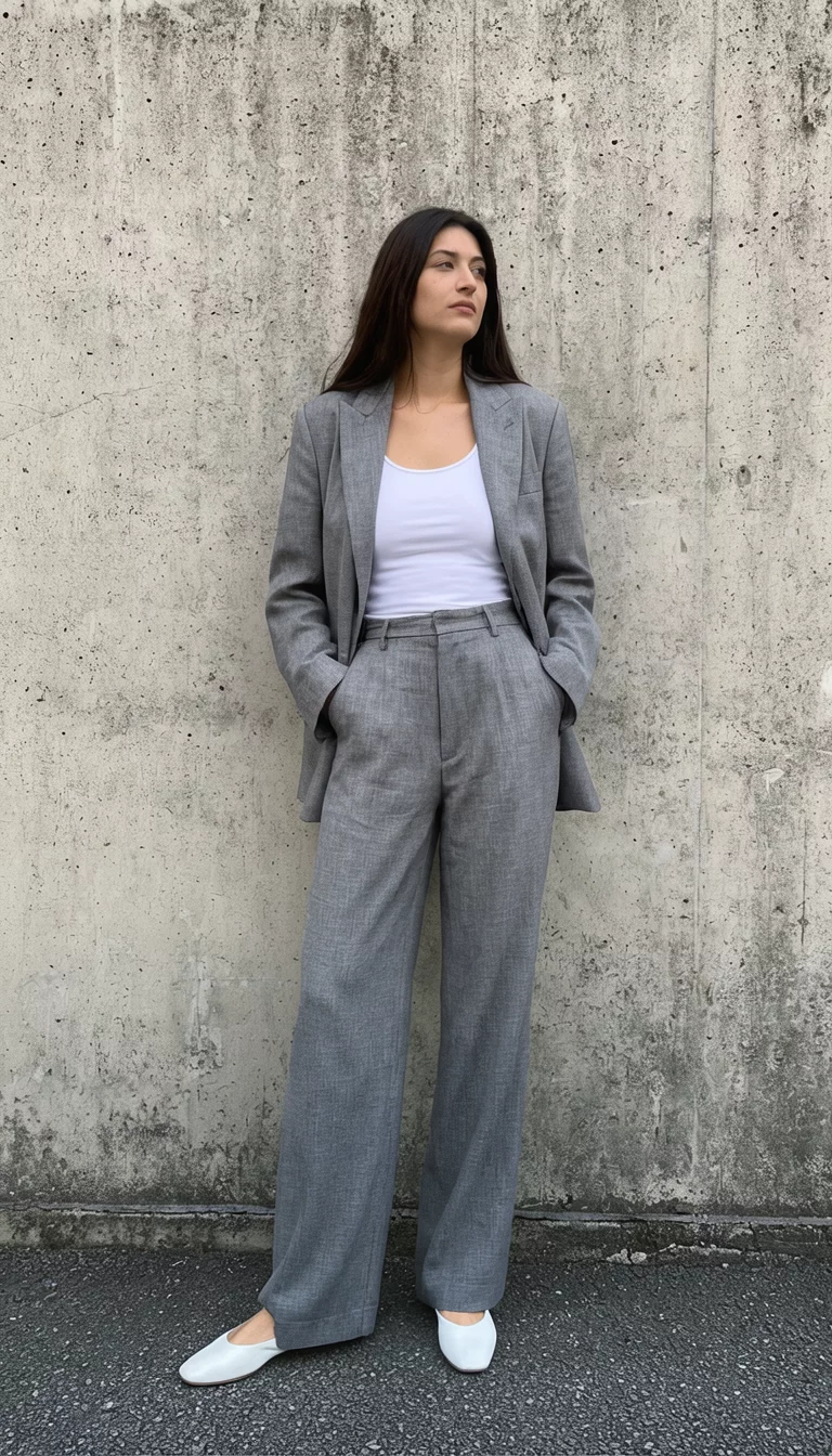 The Oversized Power Suit A beautiful 32-year-old woman in an oversized grey suit with a white tank top and white flats poses against a textured concrete wall.