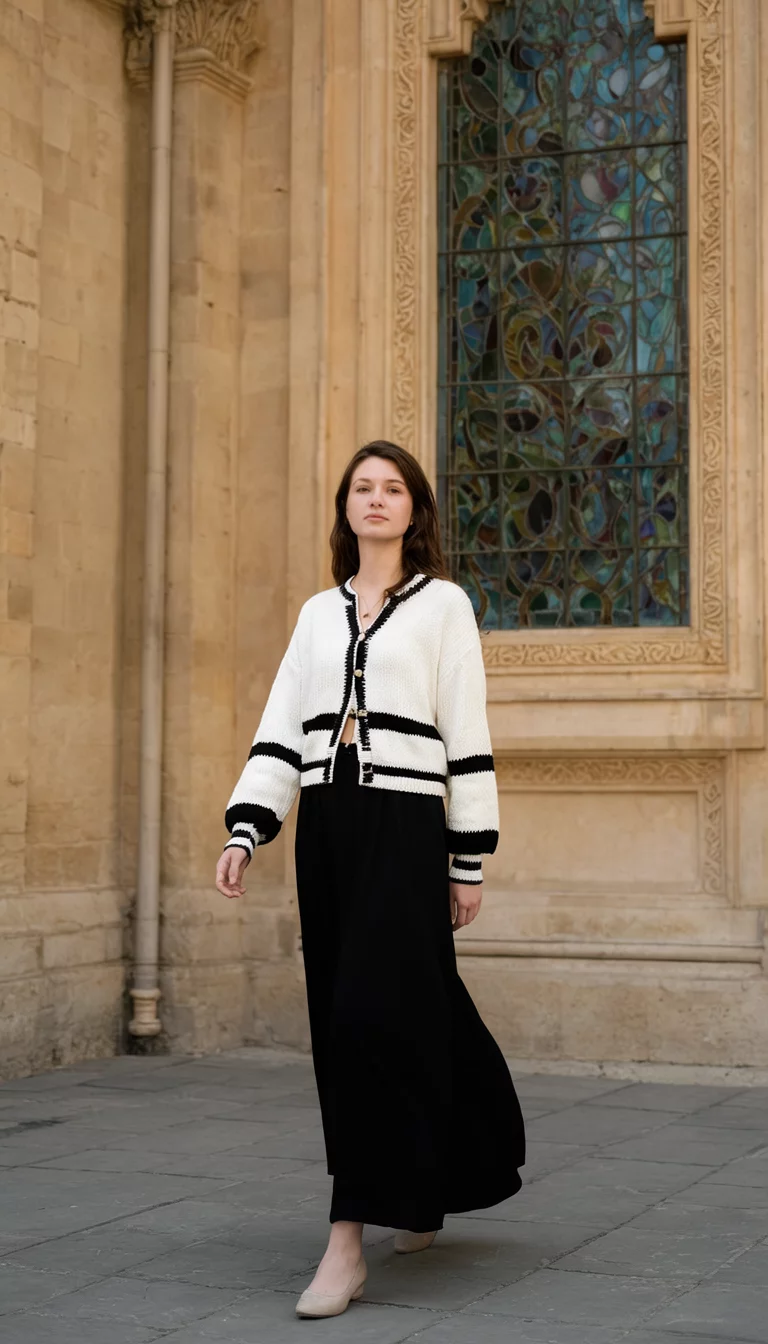 The Modern Cropped Cardigan A beautiful 26-year-old woman in a white and black cropped cardigan and a long black skirt walks past a building with decorative stained glass.
