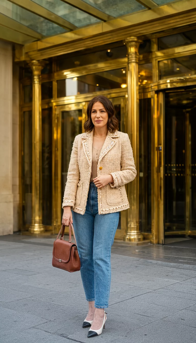 Hotel Lobby Chic In Denim A beautiful 29-year-old woman in a beige tweed jacket, blue jeans, and two-tone slingbacks carries a brown handbag in front of a luxury hotel with brass accents.
