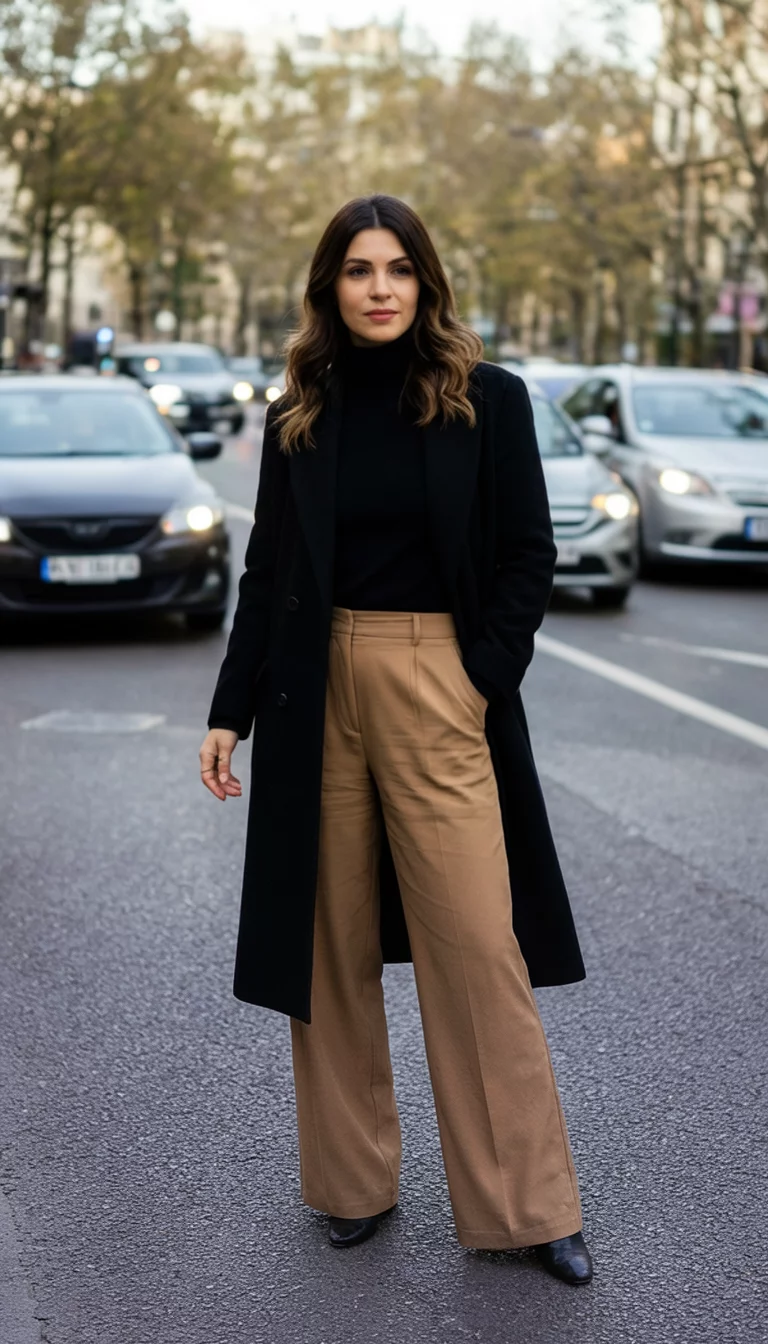 Commanding Trousers And Classic Black A beautiful 33-year-old woman in a black coat, black turtleneck, and tan wide-leg trousers poses on a street with passing cars in the background.