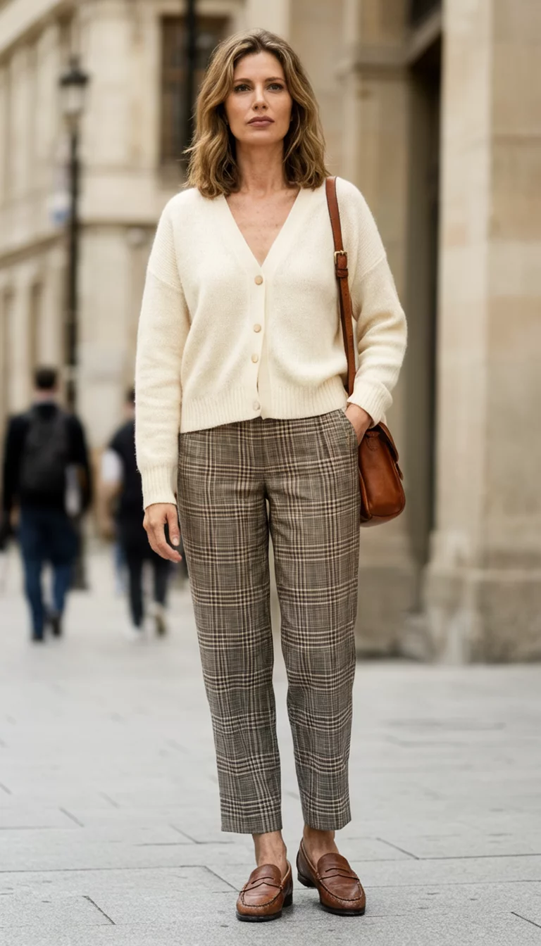 The Essential Plaid Collage A beautiful 31-year-old woman in a cream cardigan, plaid pants, brown loafers, and a brown shoulder bag, stylized as a fashion collage.