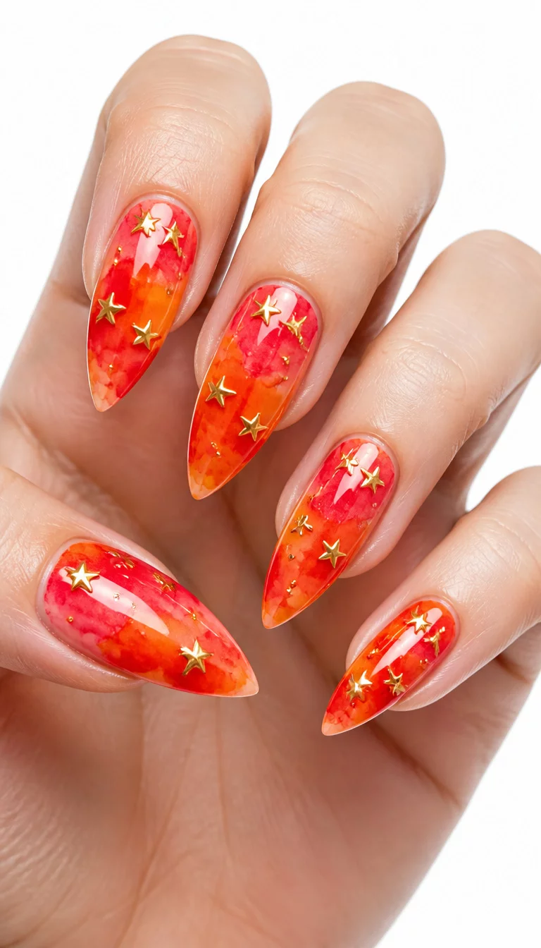 close-up shot of a woman’s hand with five fingers showing stiletto-shaped nails with a vibrant watercolor effect of red and orange, embellished with small gold star studs, clean white background.