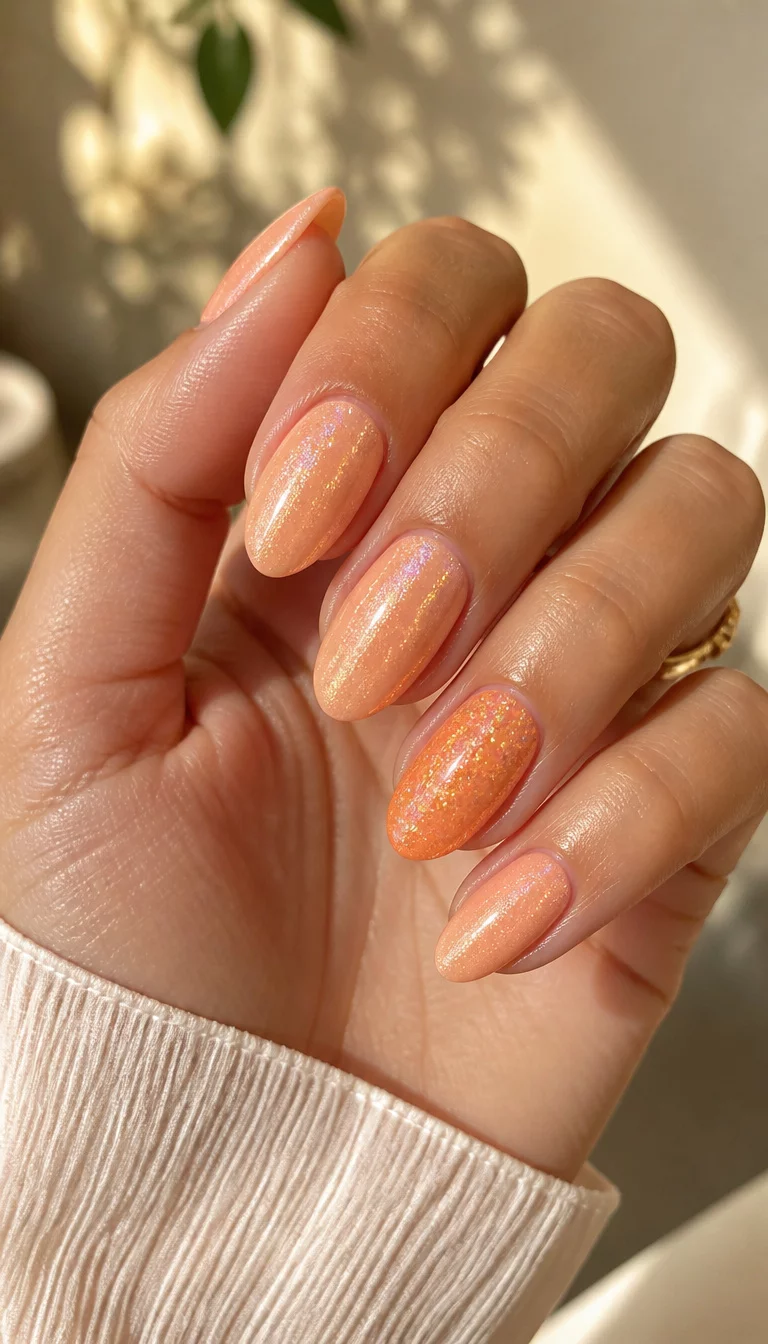 close-up shot of a woman’s hand with five fingers showing almond-shaped nails in soft peach and a glittery orange, with a subtle holographic shimmer, soft sunlight background.