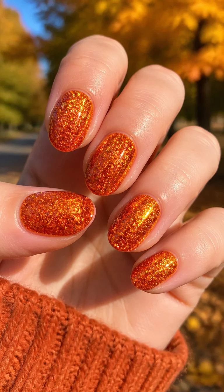 close-up shot of a woman’s hand with five fingers showing oval-shaped nails fully coated in a dazzling, rich orange glitter, bright outdoor autumn sunlight.