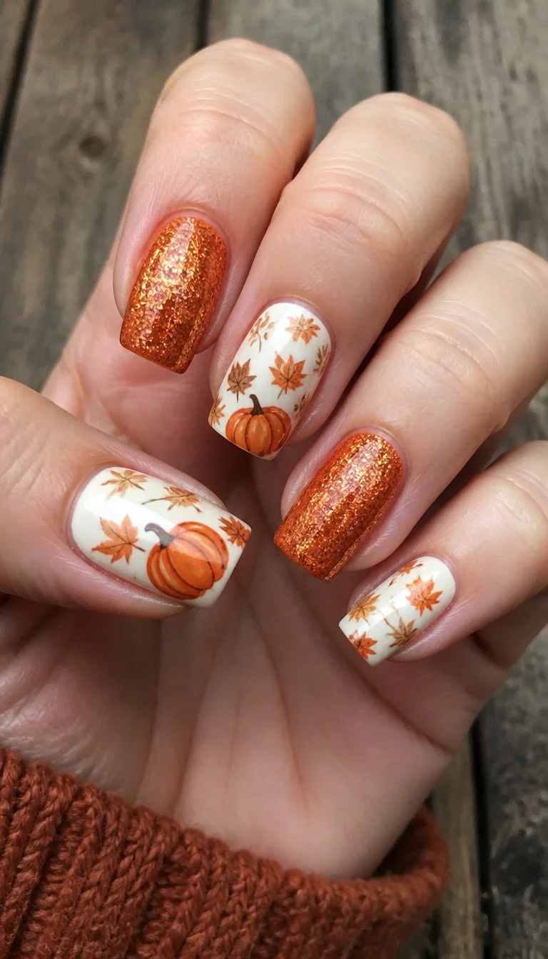close-up shot of a woman’s hand with five fingers showing square-shaped nails with a white base featuring fallen leaves and pumpkins, and nails adorned in shimmering orange glitter, rustic wood background.