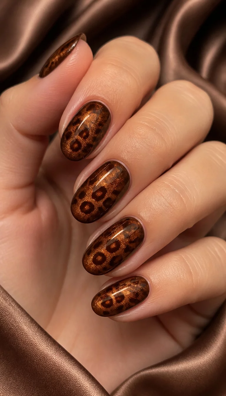 close-up shot of a woman’s hand with five fingers showing oval-shaped nails with a magnetic polish creating a shimmering amber-brown color and a subtle leopard print design, silk fabric background.