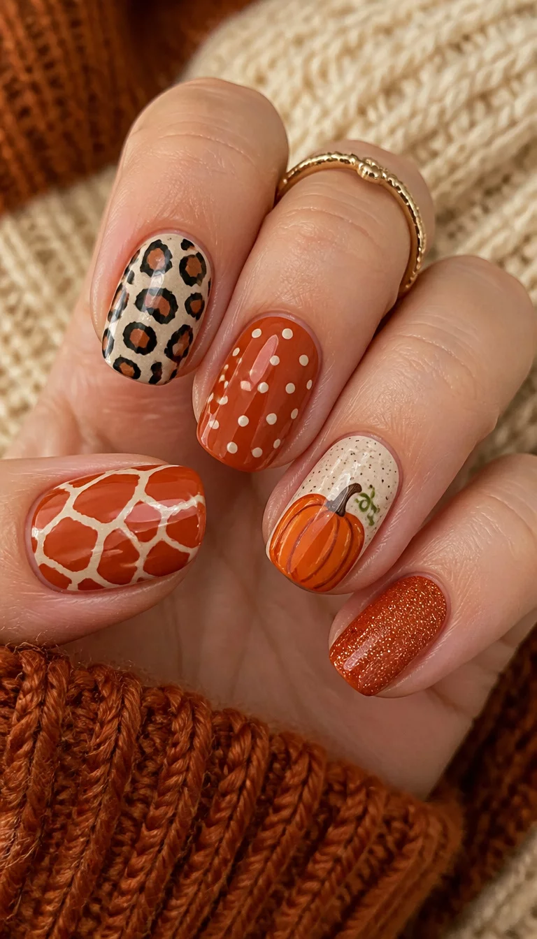 close-up shot of a woman’s hand with five fingers showing a collage of burnt orange nails with giraffe print, leopard spots, polka dots, and pumpkin art, cozy sweater texture background.